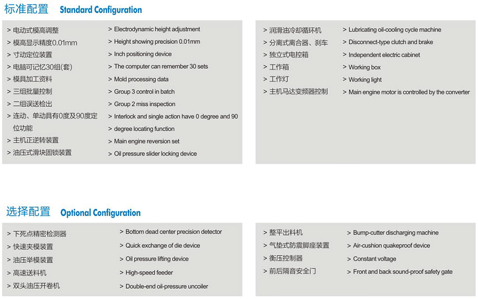 龍門高速沖床附屬裝置,H型高速沖床標(biāo)準(zhǔn)配置